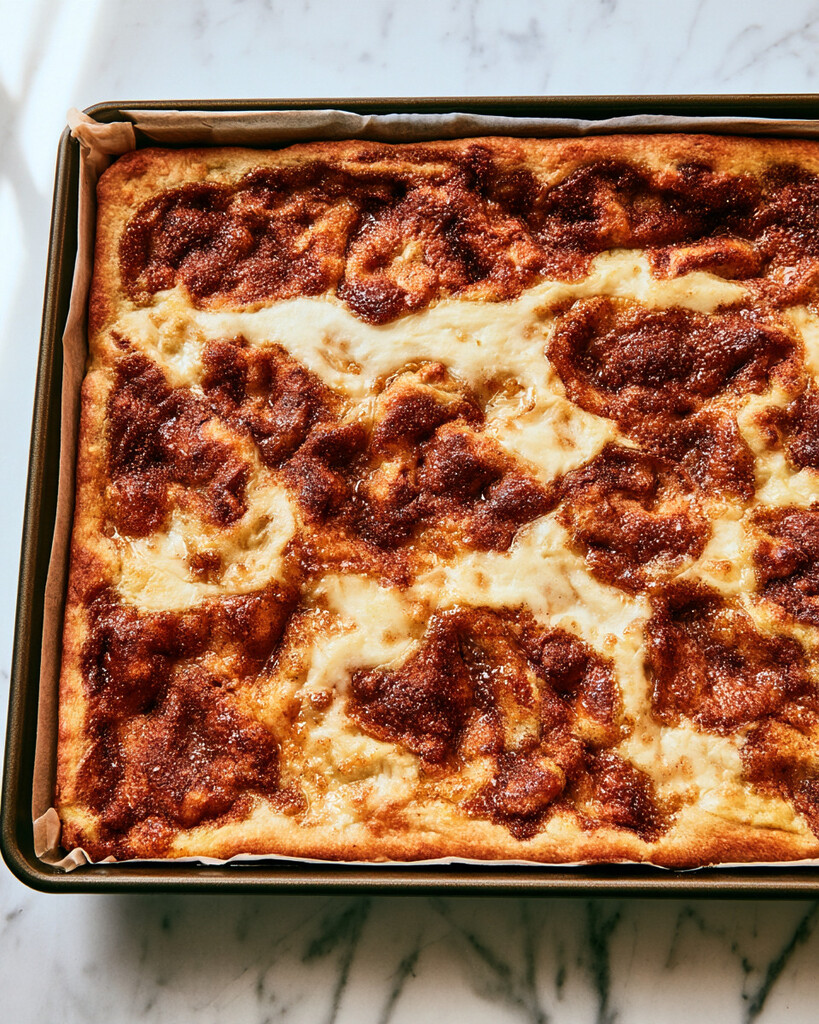 Baked cinnamon roll focaccia in a pan with a golden surface and dark brown caramelized sugar pools