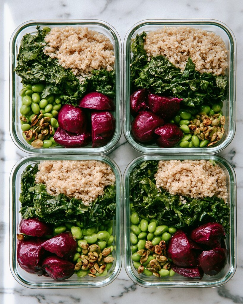 Dividing quinoa, massaged kale, edamame, beets, and pumpkin seeds into four glass containers