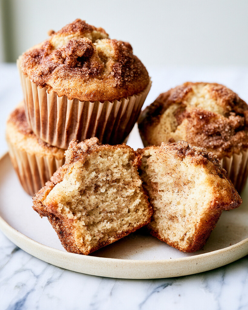 Halved apple cider doughnut muffin on a plate revealing a light, tender crumb under a thick streusel topping