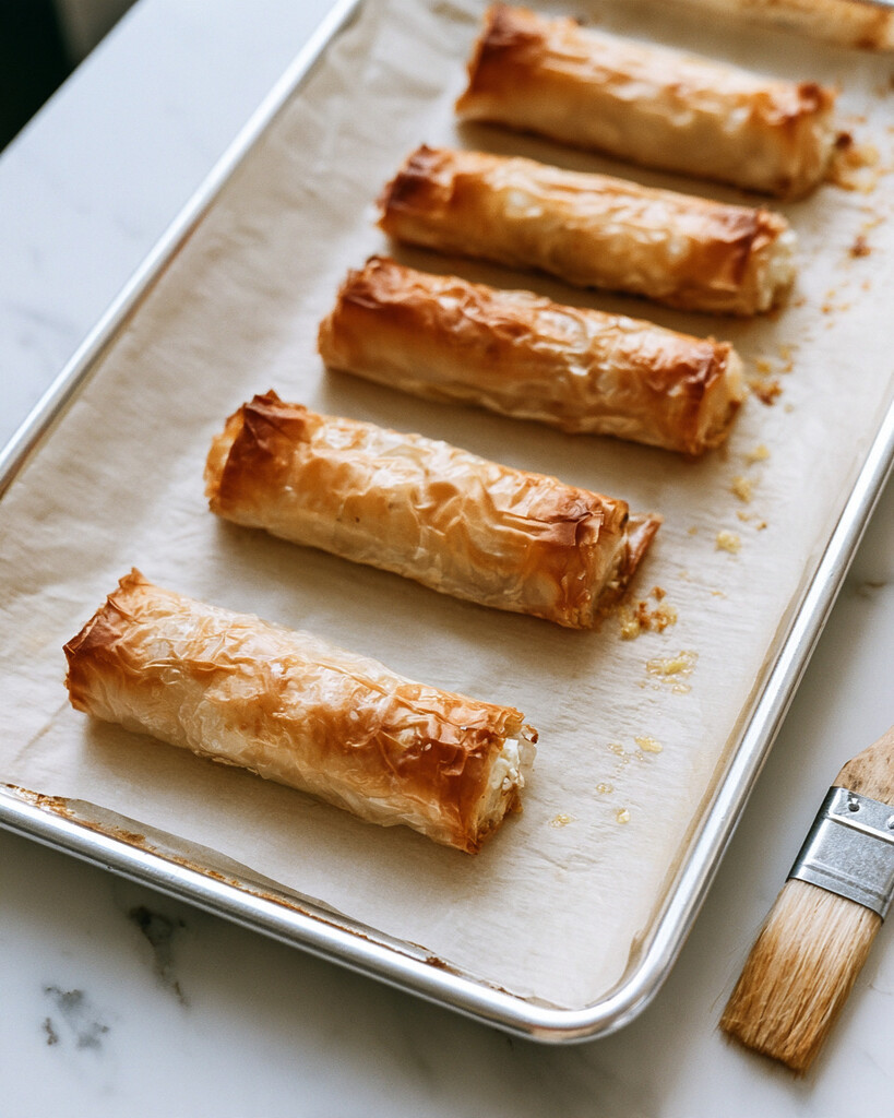 Baked phyllo feta rolls on a parchment-lined baking sheet with a crispy, unevenly browned golden crust