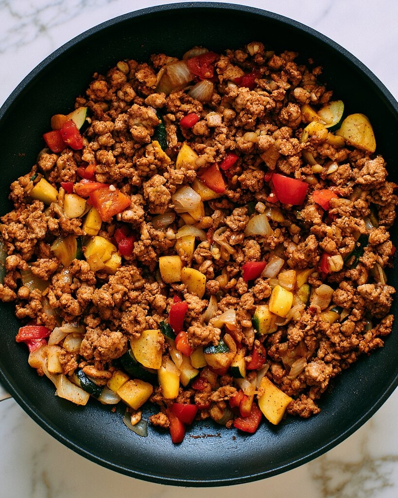 Ground turkey cooking in a skillet with chopped yellow onion, red bell pepper, and yellow squash