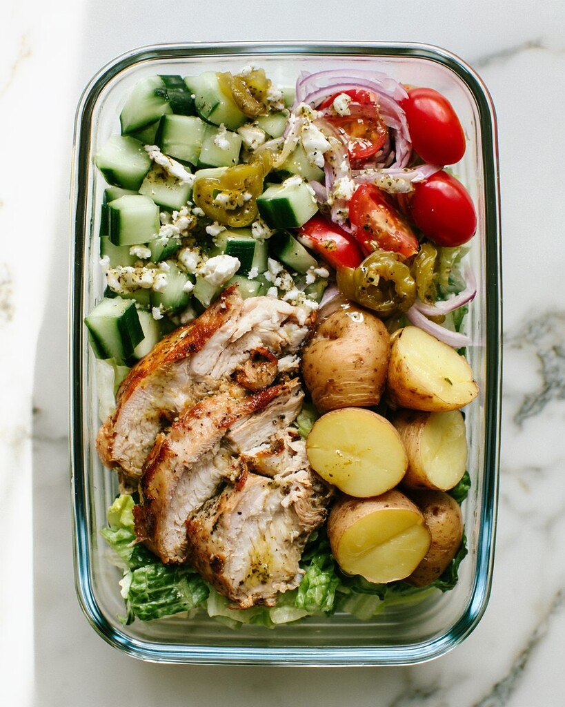 Sliced roasted chicken, potatoes, romaine, and tomato cucumber salad packed in a glass container