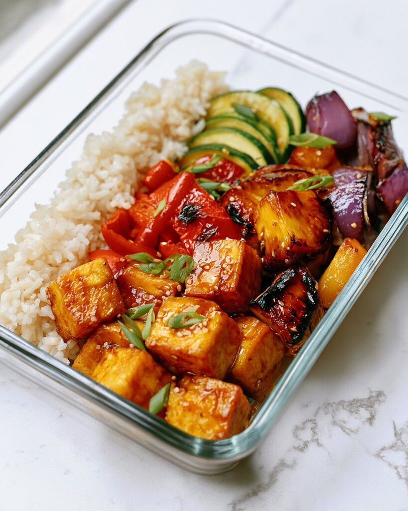 Grilled teriyaki tofu, charred pineapple, and vegetables layered over rice in a glass bowl
