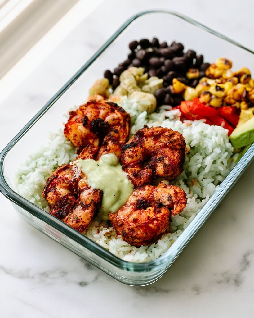 Fully assembled blackened shrimp bowl in a glass meal prep container