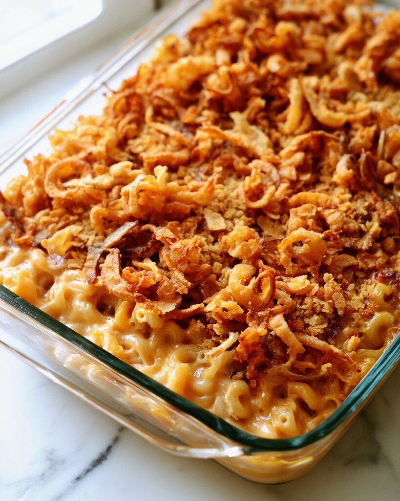 Glass baking dish filled with mac and cheese meatloaf topped with golden brown onions