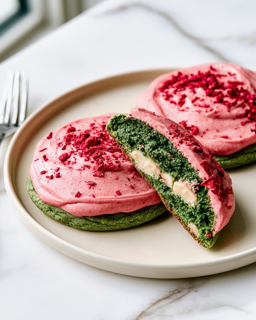 One frosted matcha cookie cut in half, showing a thick green center with white chocolate chunks under a layer of pink frosting