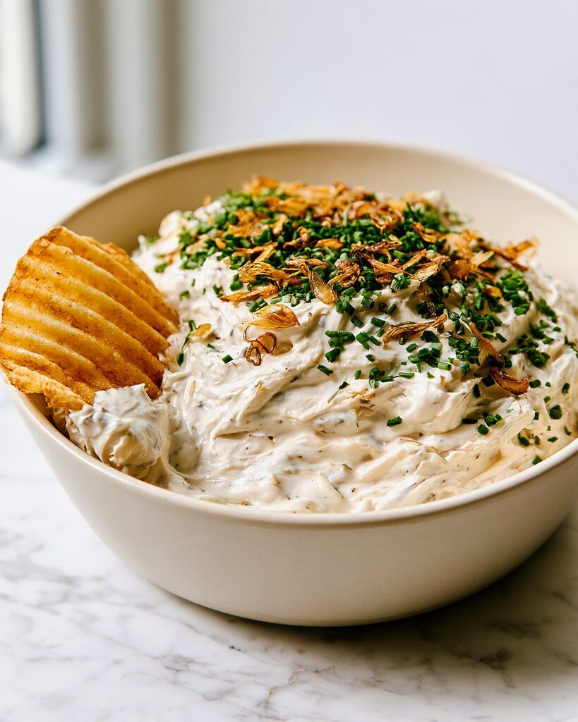 Close up of thick French onion dip scooped onto a single potato chip
