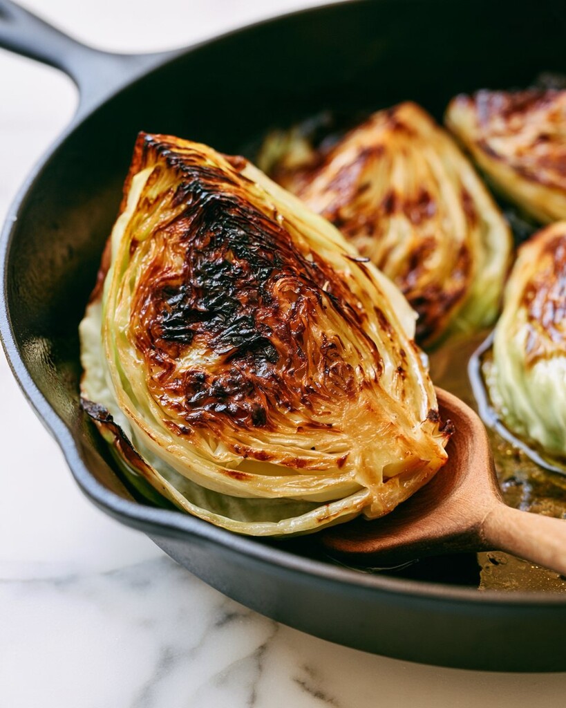 Cabbage wedge with a deep brown char resting on a wooden spoon inside a hot cast-iron skillet
