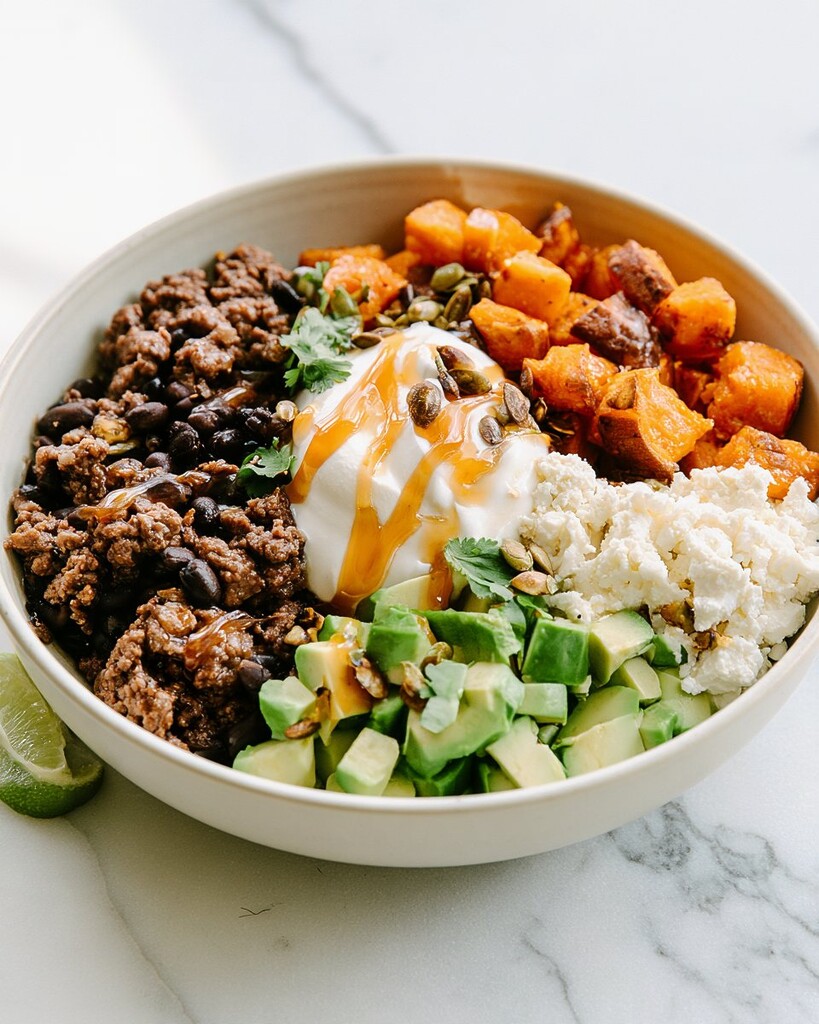 A single hot honey beef and sweet potato bowl garnished with seeds, cilantro, and fresh lime juice