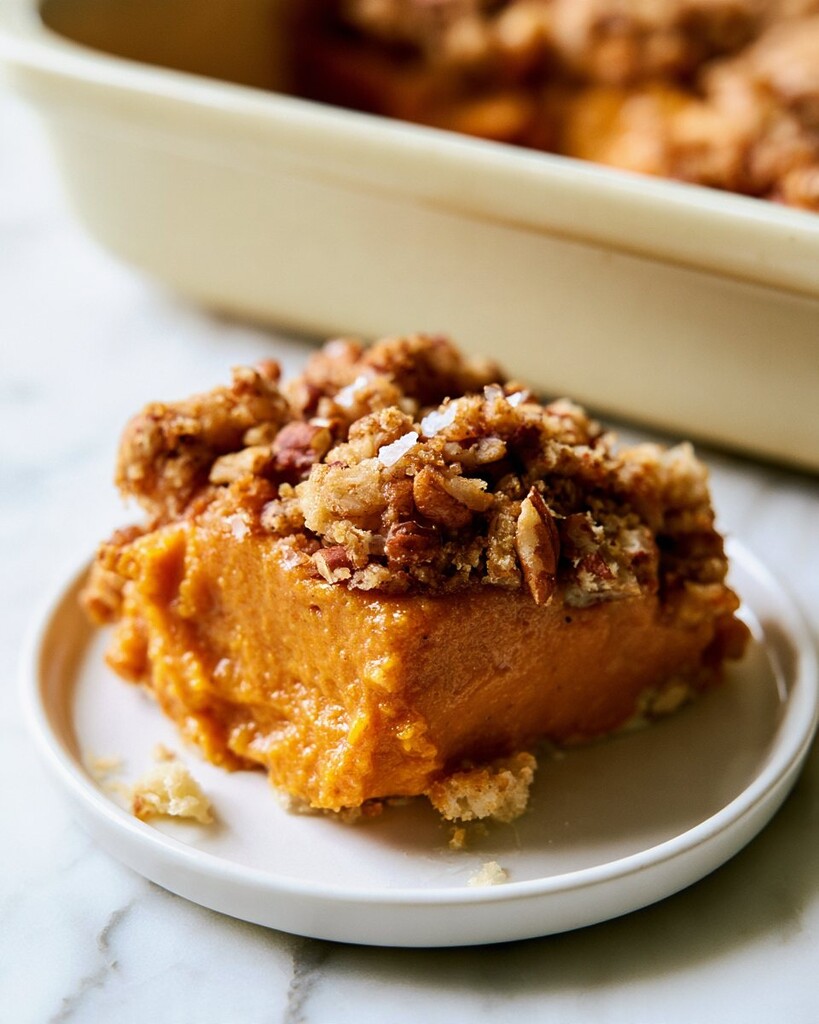 Fork resting near a plated serving of salted pecan pumpkin dump cake