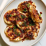 Chili Crisp Smashed Gyoza with Zero Pleating Golden brown open-faced pork dumplings topped with red chili crisp and sliced green onions on a ceramic plate