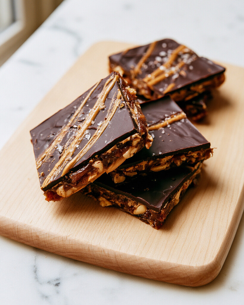 Finished date bark squares displayed on a wooden board topped with flaky sea salt and swirling peanut butter lines