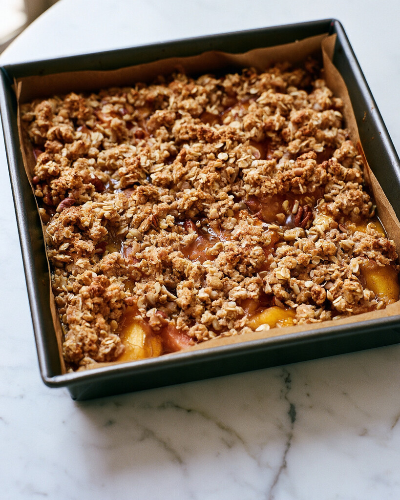 Baked apple pie bars in a square pan with a deeply browned crunchy streusel top