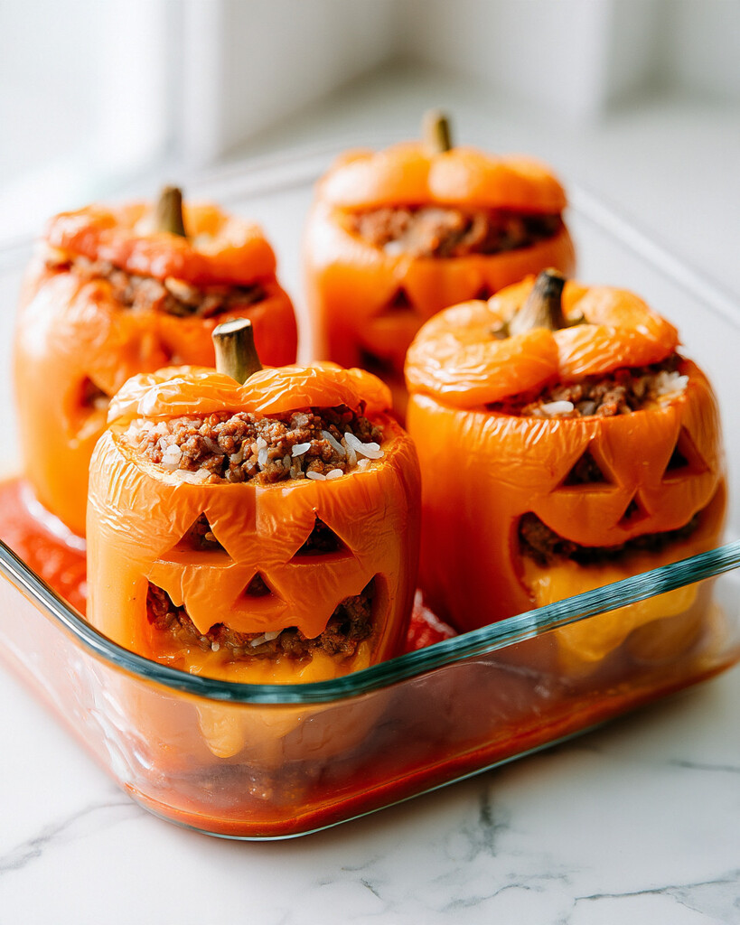 Four baked jack-o-lantern stuffed peppers sitting upright on a white plate with marinara sauce around the bases
