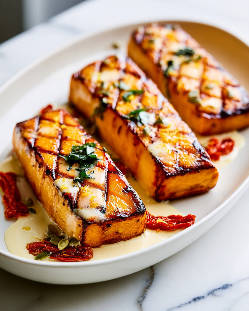 A single roasted butternut squash steak served on an oval white plate, swimming in sun-dried tomato cream sauce and topped with basil