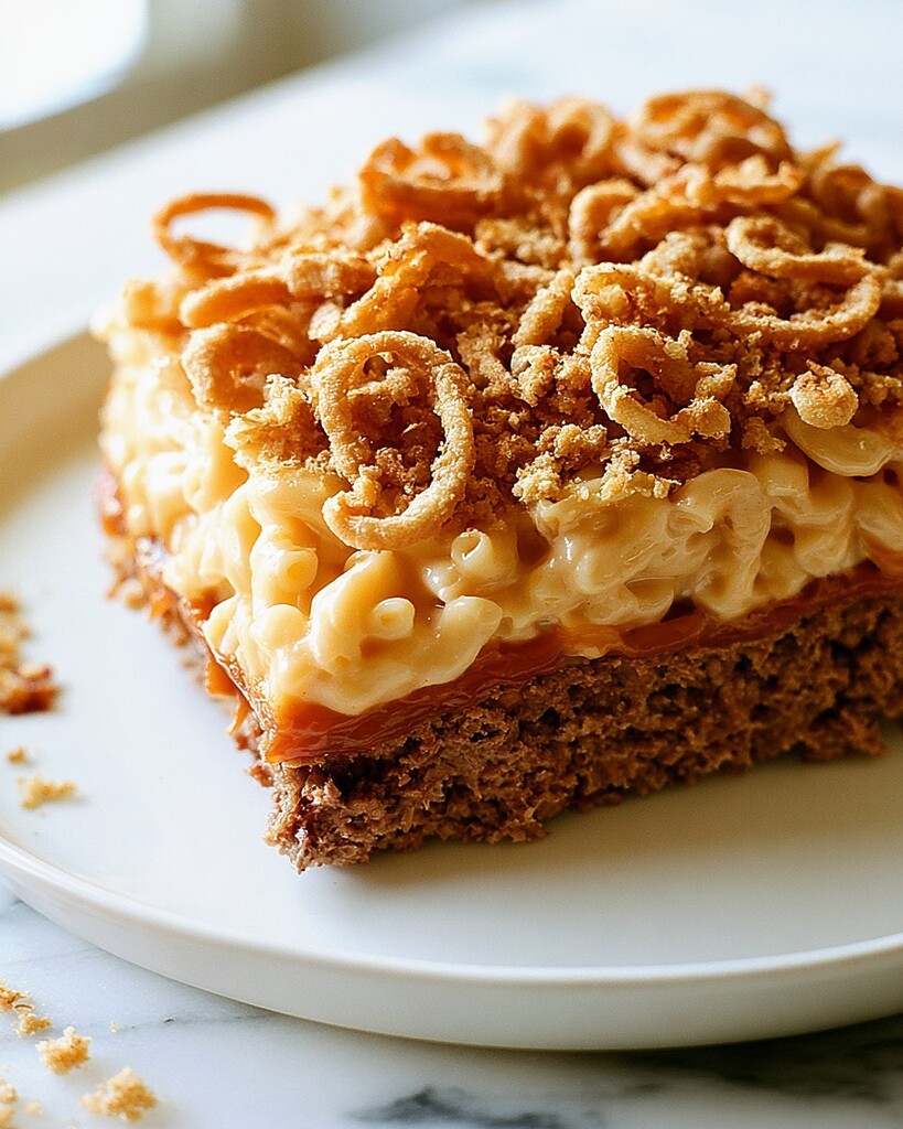 Served slice of mac and cheese meatloaf on a white plate with a clear view of the crunchy topping