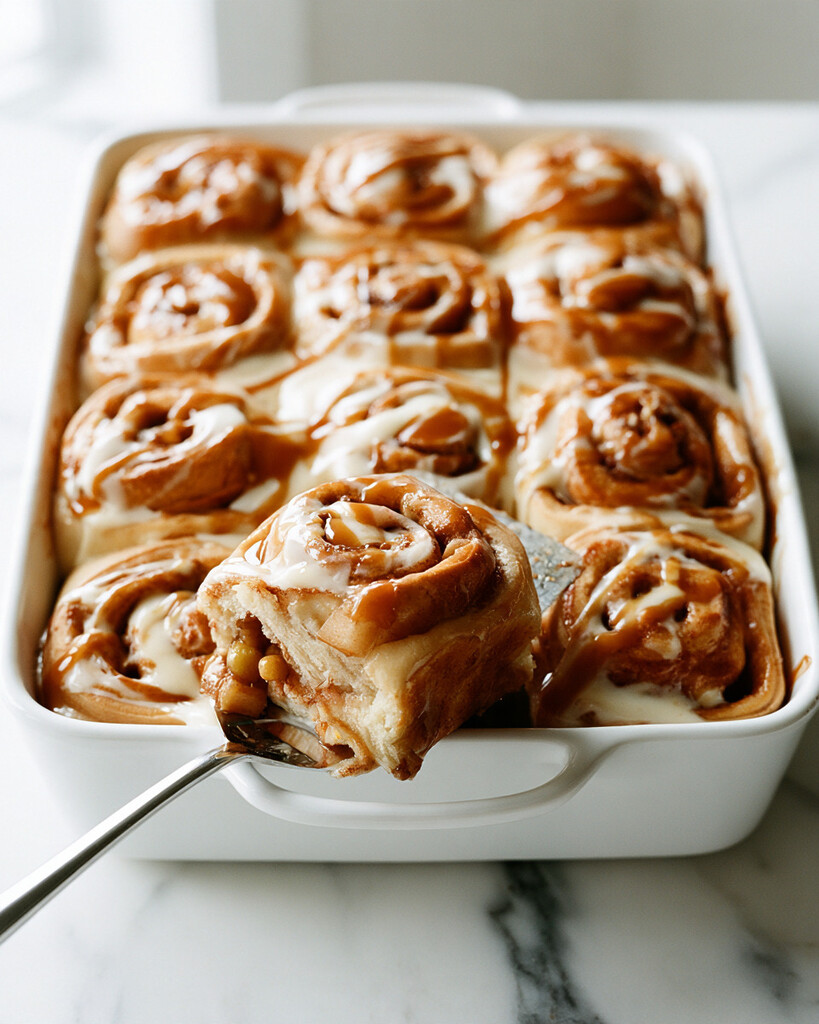 A glazed cinnamon roll being lifted from the baking dish with a spatula