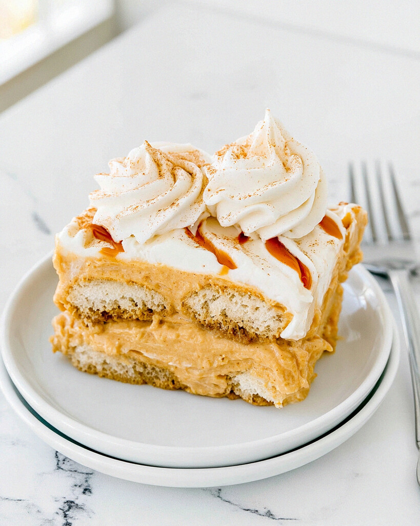 Single slice of pumpkin spice latte tiramisu on a white plate drizzled with caramel sauce