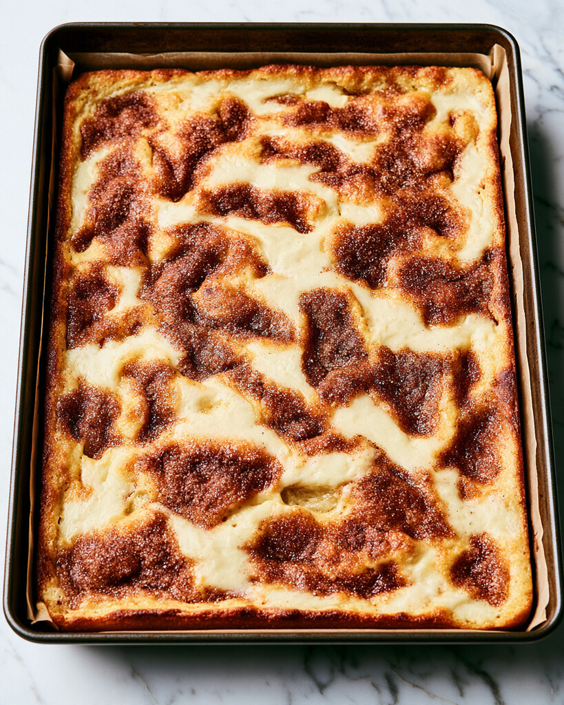 Cinnamon roll focaccia in a pan topped with pale cream cheese glaze over caramelized cinnamon sugar