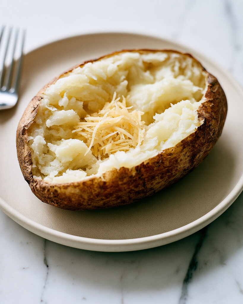 An open baked potato with its white center fluffed up and a layer of shredded cheddar cheese melted into the middle