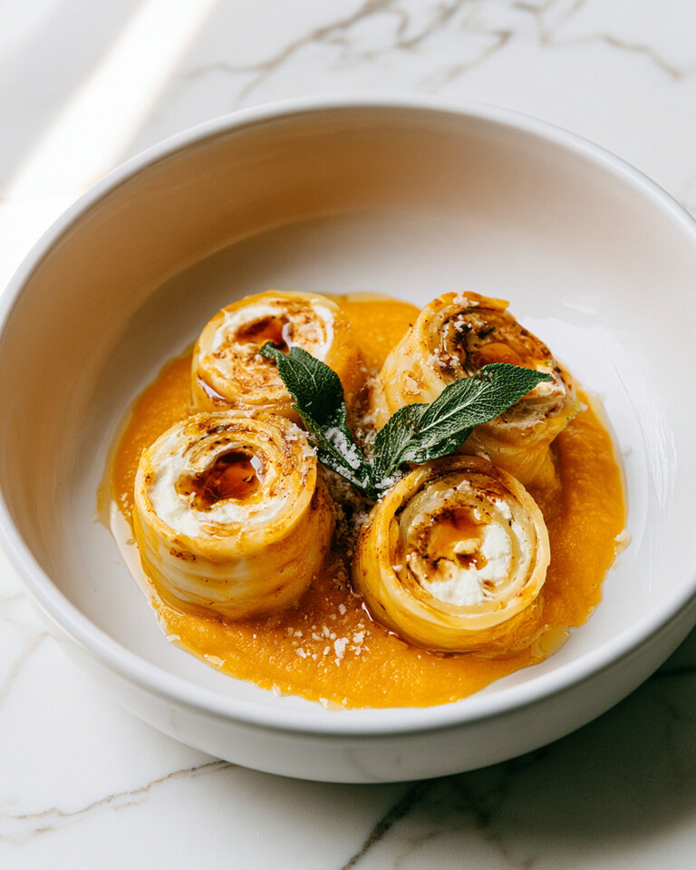 Brown Butter Pumpkin Ricotta Roll-Ups Three brown butter pumpkin ricotta roll-ups on a white plate over orange cream sauce garnished with crispy sage