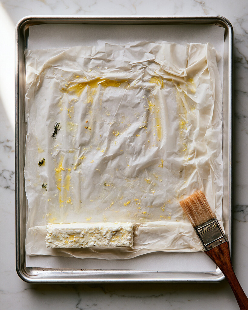 A piece of feta placed on a buttered and seasoned phyllo sheet, with a pastry brush nearby on a baking tray