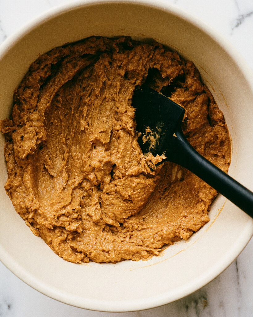 Thick brown apple cake batter being mixed in a white bowl with a silicone spatula