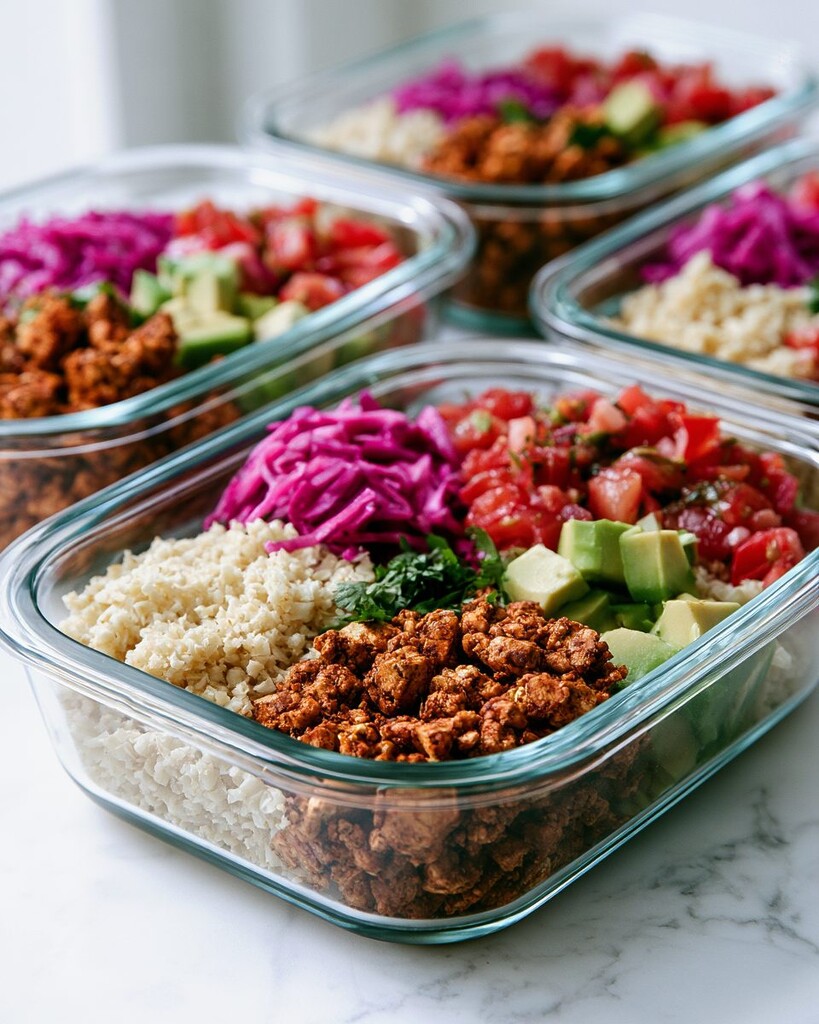 Four glass meal prep containers lined up, filled with layers of roasted cauliflower rice, spiced tofu, and fresh toppings