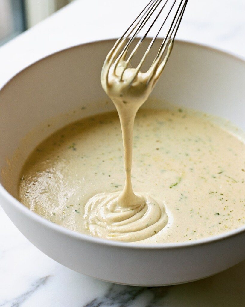 Whisking hummus dressing in a white bowl until smooth and light
