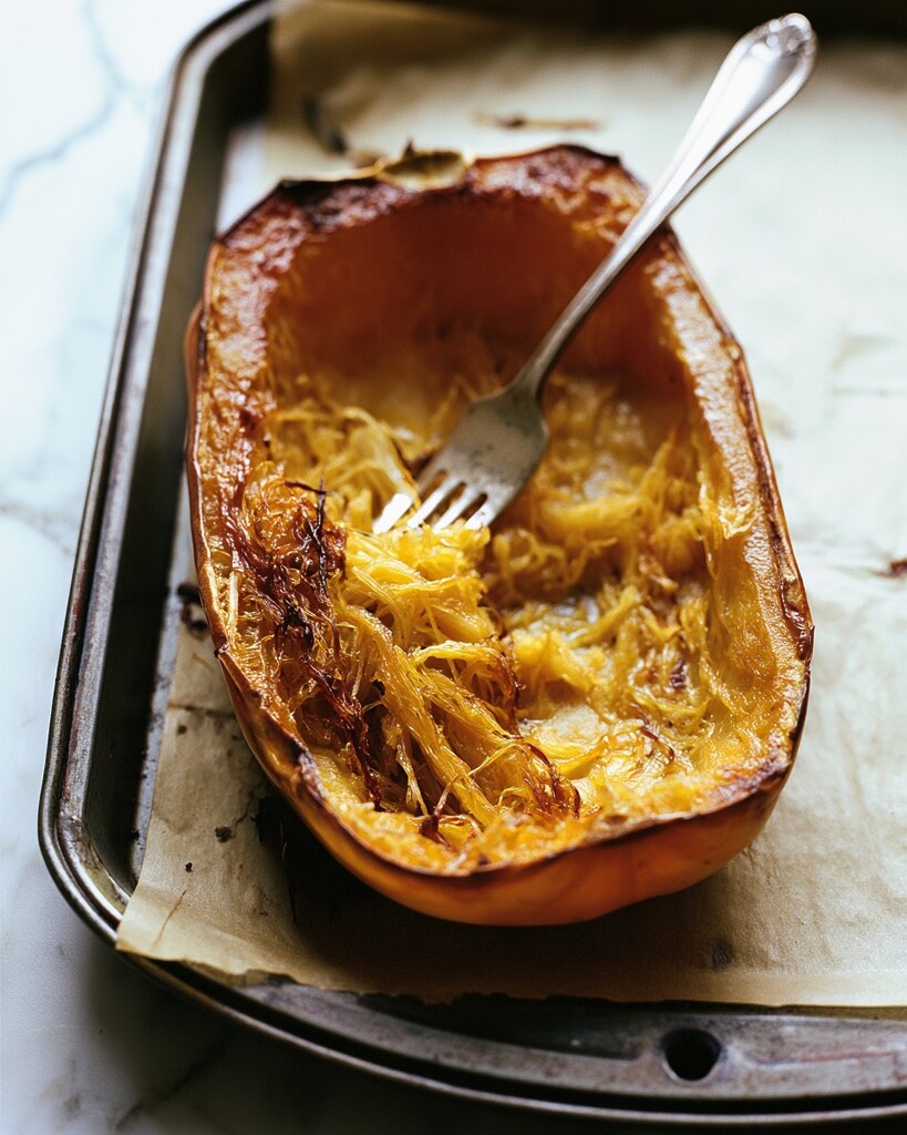 Fork scraping roasted spaghetti squash half into long strands on a parchment lined baking sheet