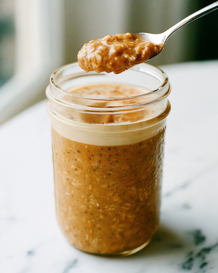 Make-Ahead Pumpkin Spice Latte Overnight Oats A spoon lifting a thick bite of spiced overnight oats and creamy white foam from a glass jar