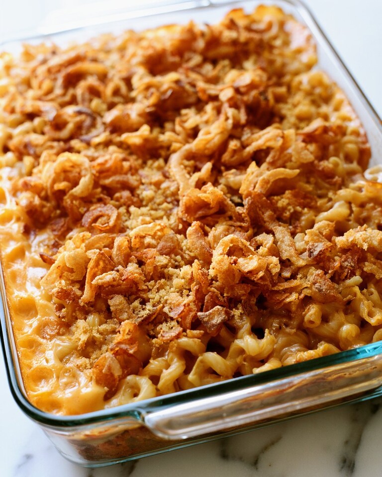 Crispy Onion Mac & Cheese Meatloaf in a Single Pan Baked mac and cheese meatloaf casserole with a golden brown crispy onion and panko topping in a glass pan