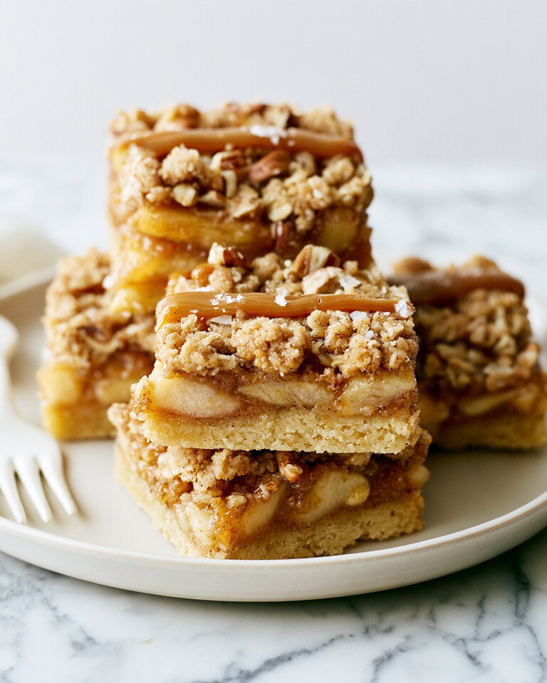 Brown Butter Apple Pie Bars with Salted Caramel Stacked brown butter apple pie bars with salted caramel on a white plate showing a thick layer of cinnamon apples