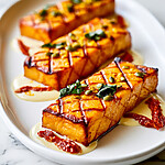 Marry Me butternut squash steaks arranged on a white plate over a creamy sauce, garnished with fresh basil and pumpkin seeds