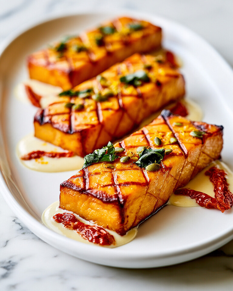 Marry Me Butternut Squash Steaks with Garlic Cream Sauce Marry Me butternut squash steaks arranged on a white plate over a creamy sauce, garnished with fresh basil and pumpkin seeds