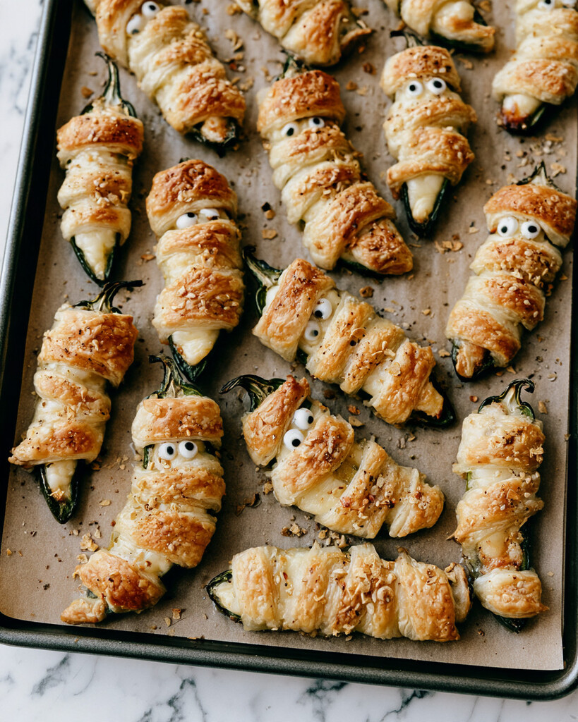 Puffed and golden crescent wrapped jalapeños fresh out of the oven