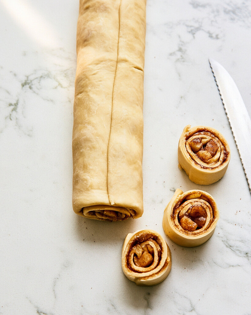 A log of dough being cut into even rounds with a serrated knife