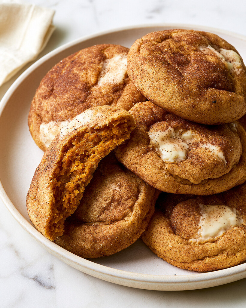 Pumpkin snickerdoodle broken in half on a plate showing a soft orange center