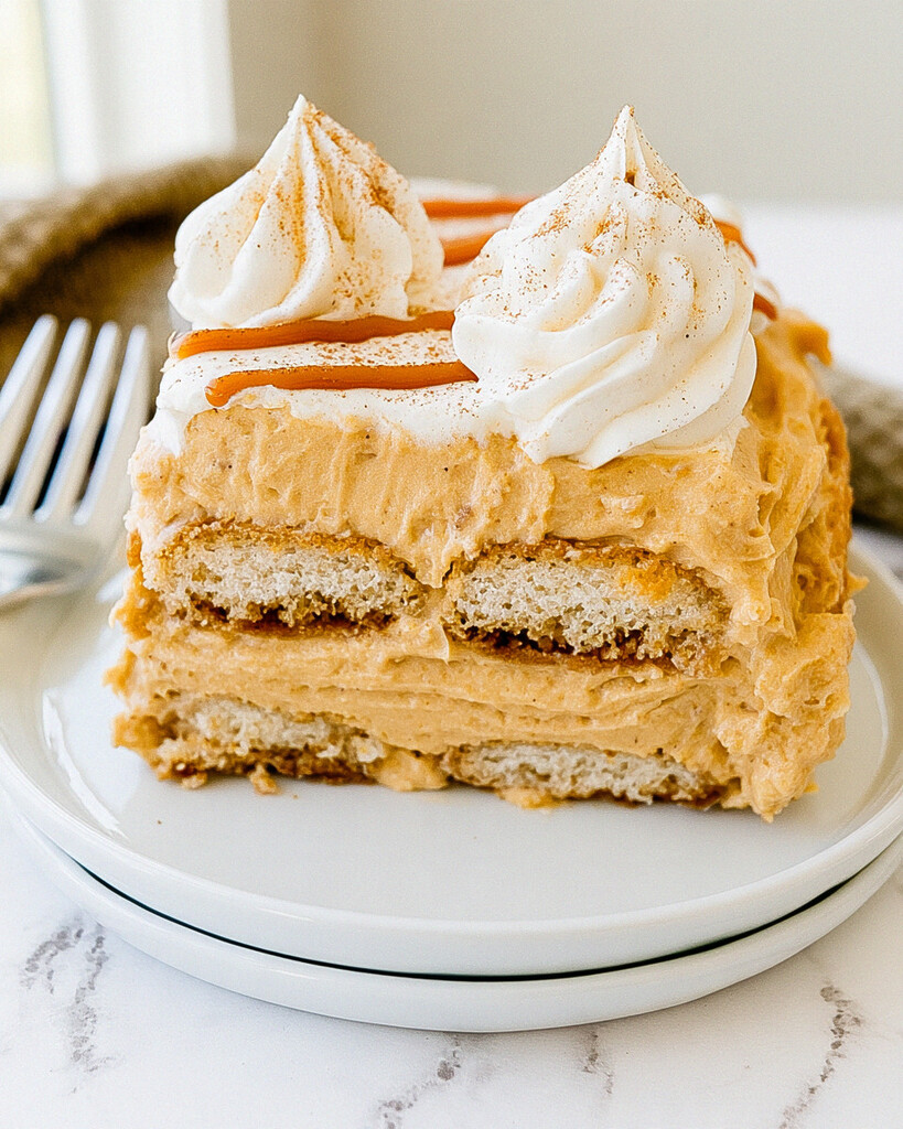 Plated piece of pumpkin spice latte tiramisu showing two layers of ladyfingers and cream