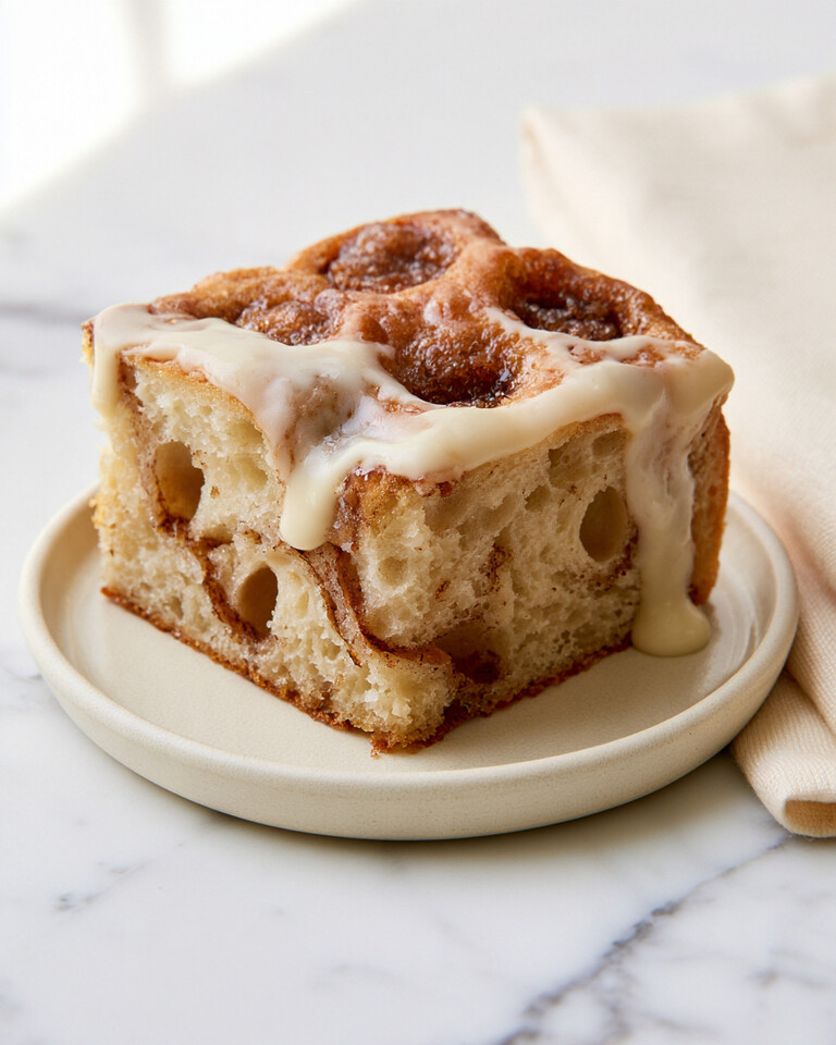 Cream Cheese Glazed Cinnamon Roll Focaccia Square of cream cheese glazed cinnamon roll focaccia on a light plate with airy crumb and icing