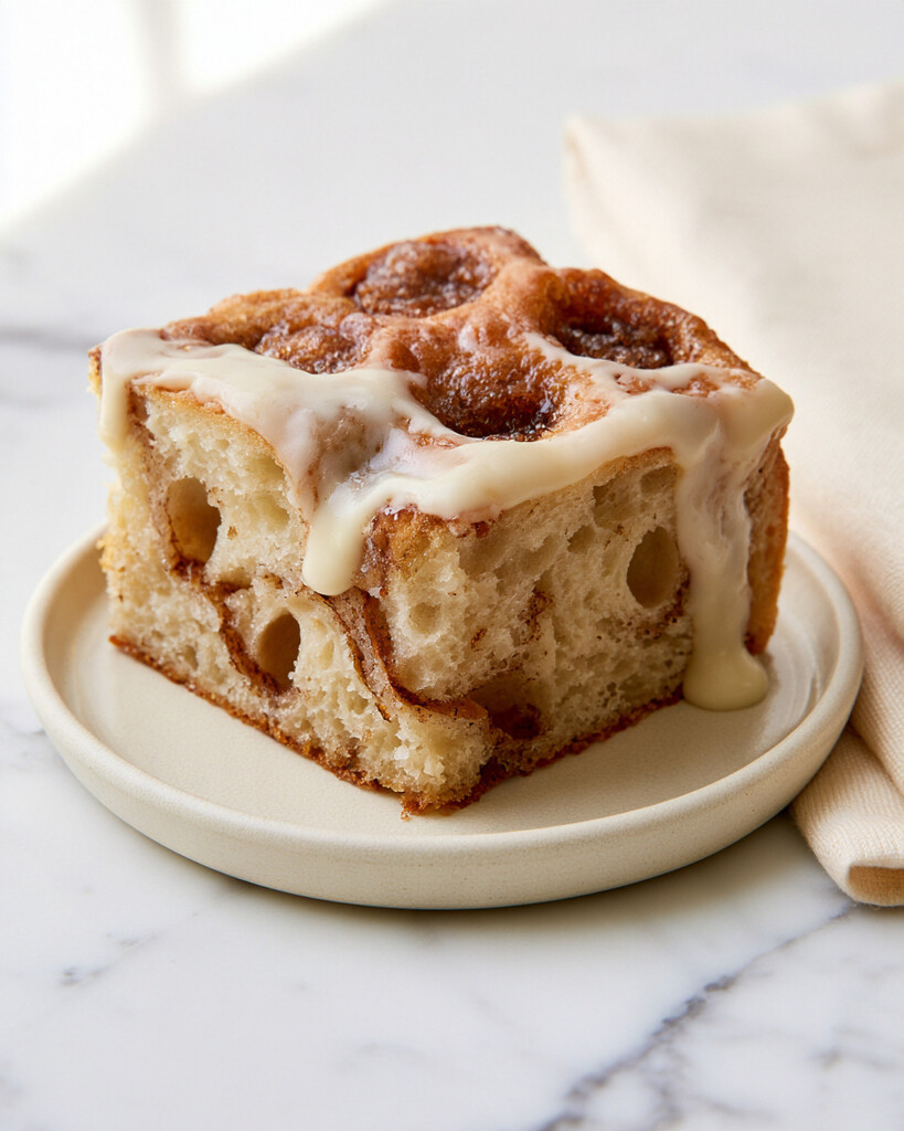 Square of cream cheese glazed cinnamon roll focaccia on a light plate with airy crumb and icing