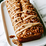 Whole glazed apple spice cake on a white plate sprinkled with flaky sea salt and pecans