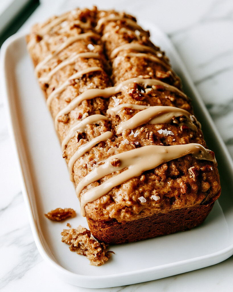 Whole glazed apple spice cake on a white plate sprinkled with flaky sea salt and pecans