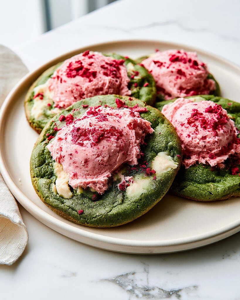 Seven brown butter matcha cookies on a light plate, topped with bright pink strawberry frosting and red freeze-dried strawberry crumbs