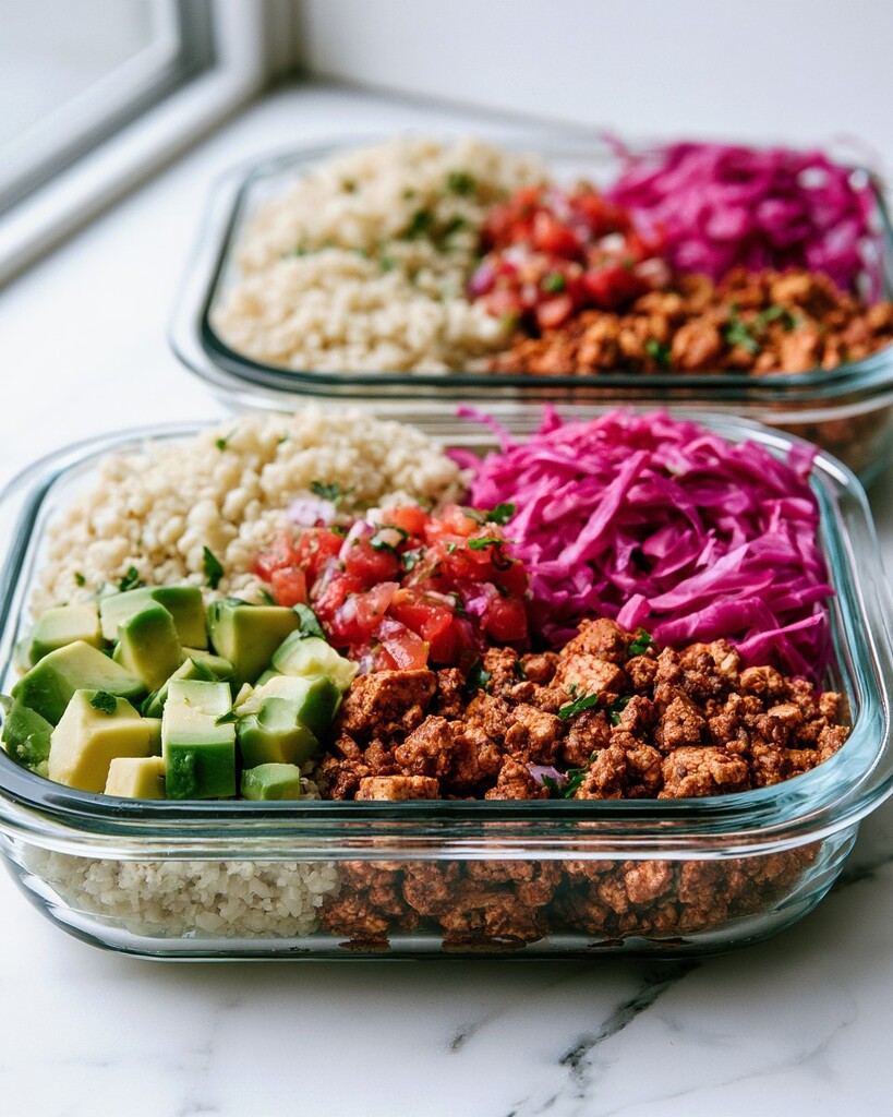 Two assembled vegan burrito bowls in glass containers, viewed from above, highlighting the brightly colored toppings