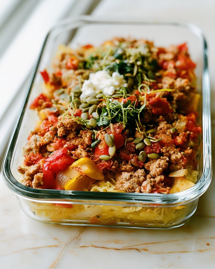 Spoon layering hot turkey and vegetable sauce over roasted spaghetti squash in a glass meal prep container