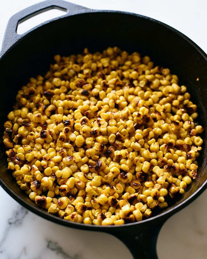 Frozen sweet corn kernels charring in a hot cast-iron skillet