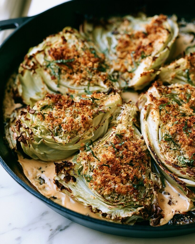Roasted cabbage wedges covered in toasted panko and green herbs surrounded by cream sauce in a skillet