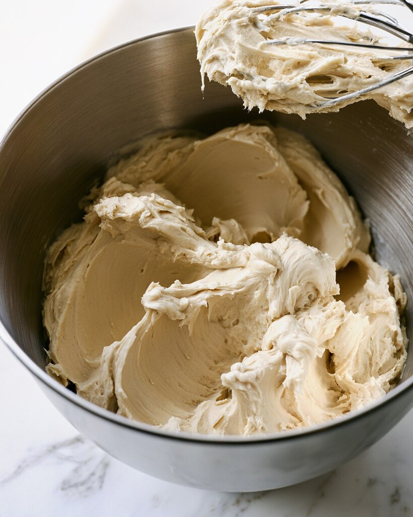 Fluffy brown butter frosting in a stand mixer bowl with a wire whisk attachment