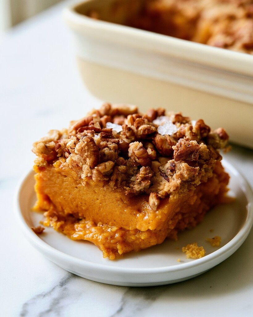 Square slice of salted pecan pumpkin dump cake showing smooth orange filling and crunchy topping on a white plate